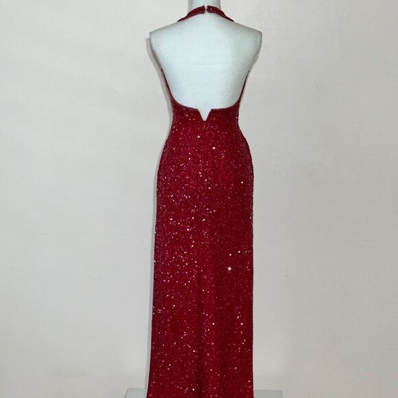 Scala Red Beaded and Sequin Halter Gown Size M - Picture 4 of 9